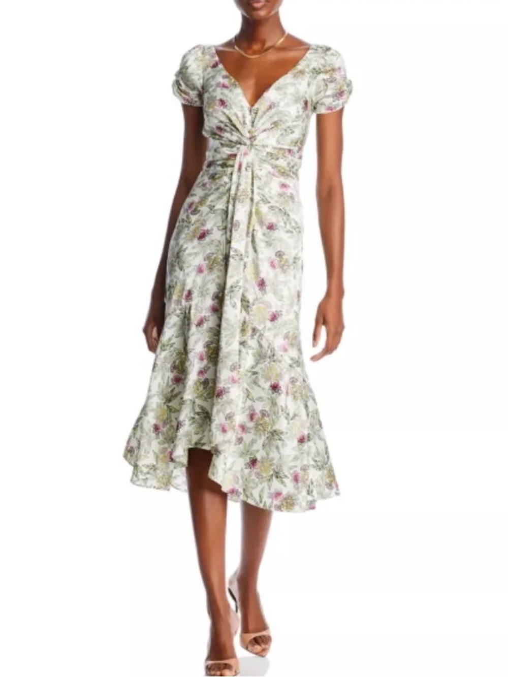 cinq a sept Green Floral Twist-Front Midi Dress, Size 4, EUC